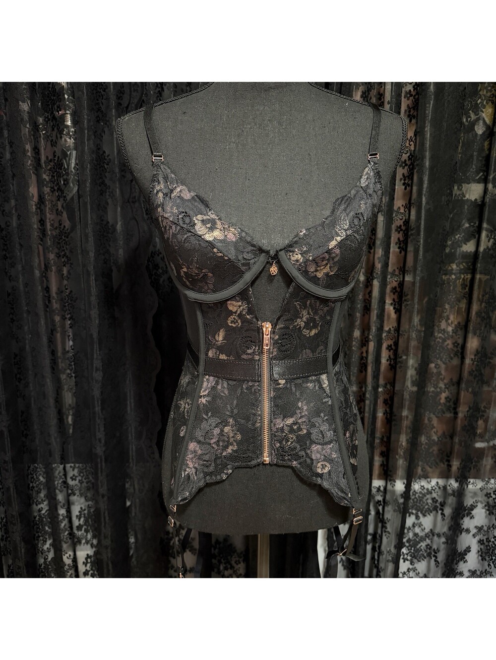 Coquette Floral Lace Corset Bustier Garter Straps Black Sz S Goth